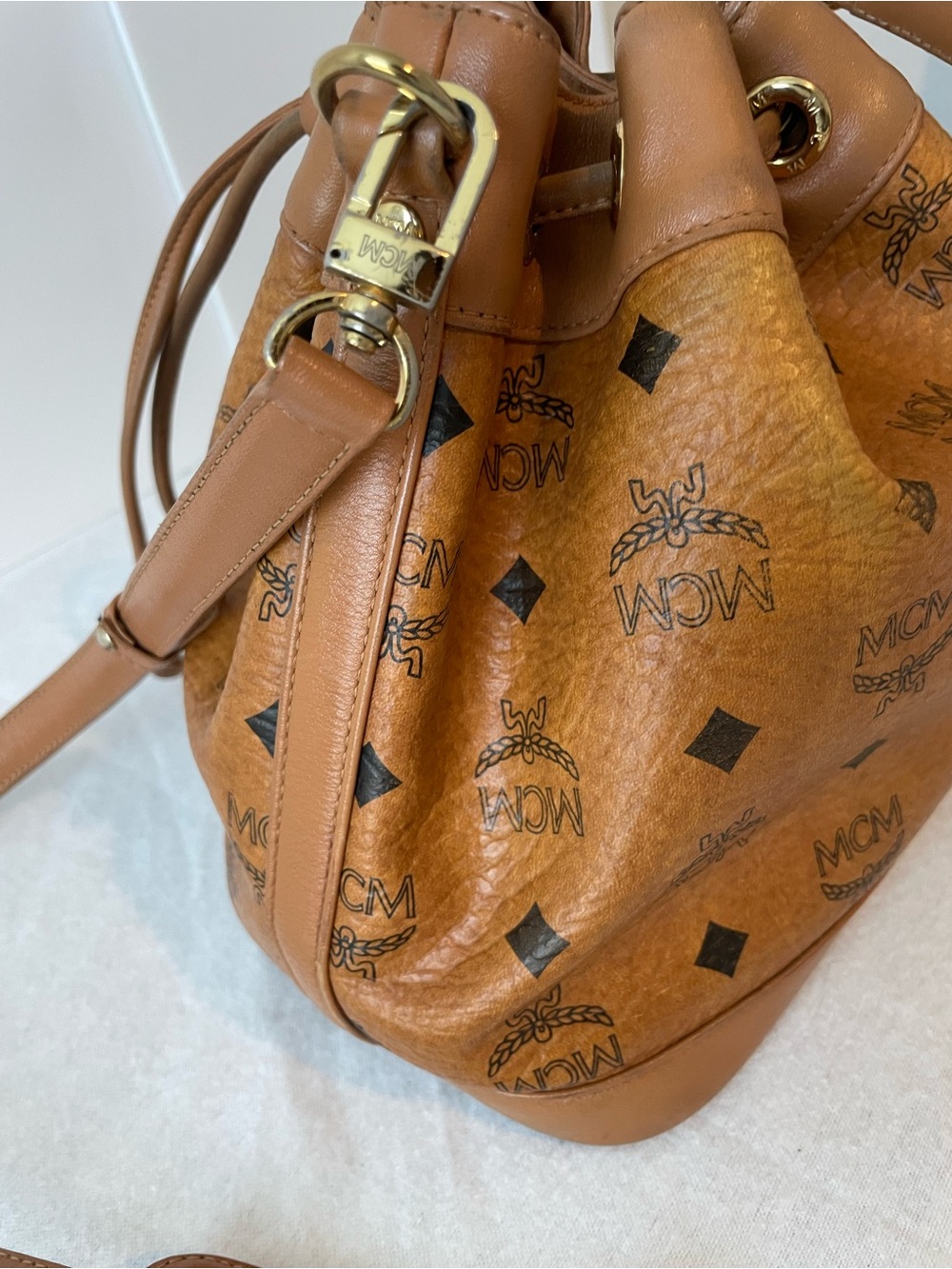 MCM Brown Logo Print Drawstring Bucket Bag w/ Detachable Strap Gold Hardware - Picture 6 of 15